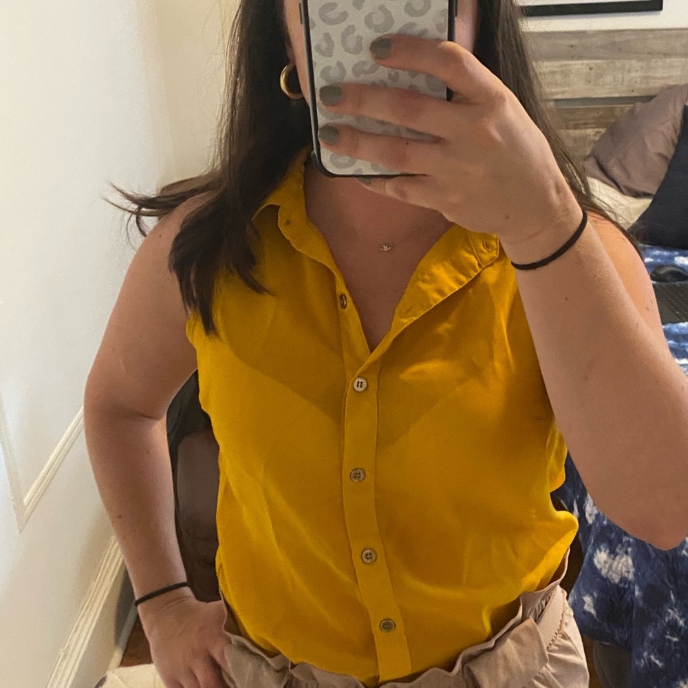 Mustard yellow and gold button up blouse